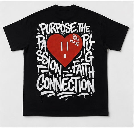 Black t-shirt with white and red text and a heart design on a white background
